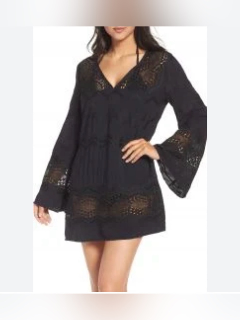 La Blanca Black Crochet Lace Tunic Cover‑Up XS – Flare Sleeves, Resort Swim